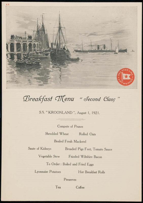 S.S. "Kroonland", August 1, 1921, Breakfast Menu "Second Class"