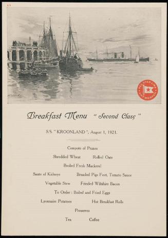 S.S. "Kroonland", August 1, 1921, Breakfast Menu "Second Class"