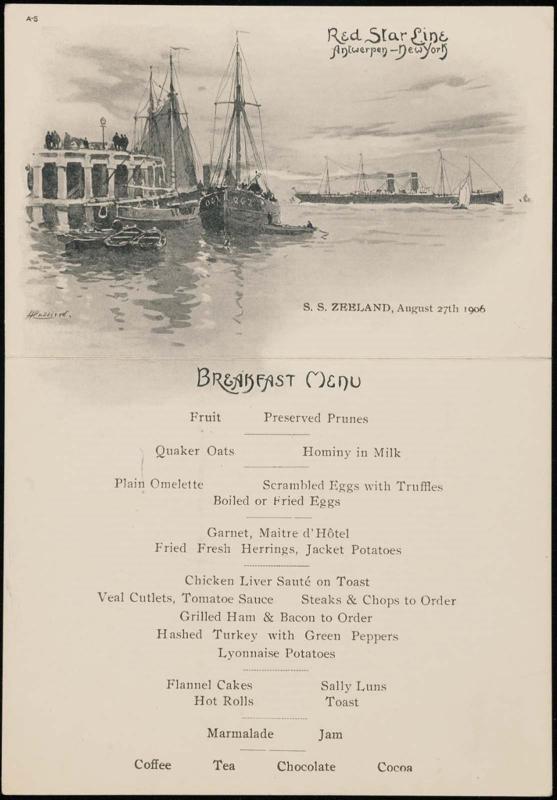 S.S. Zeeland, August 27th 1906, Breakfast Menu