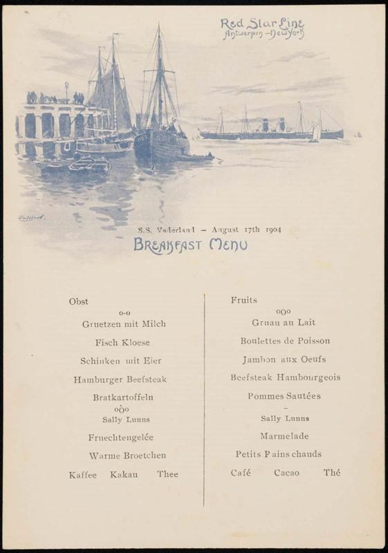 S.S. Vaderland, August 17th 1904, Breakfast Menu