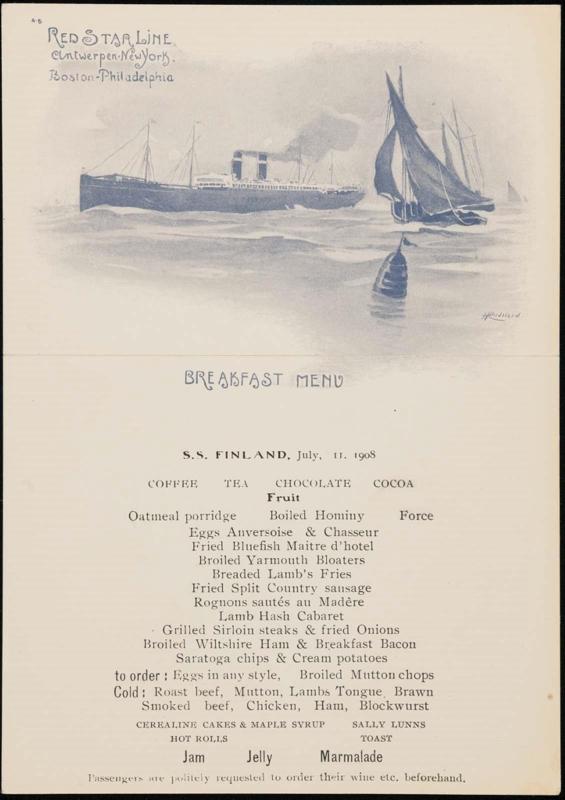 S.S. Finland, July 11, 1908, Breakfast Menu