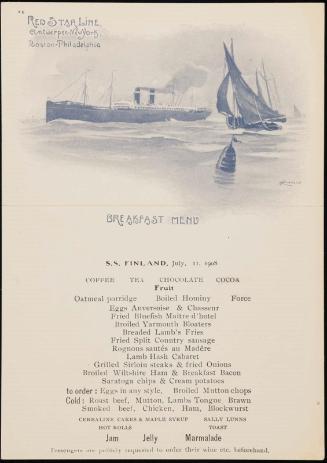 S.S. Finland, July 11, 1908, Breakfast Menu