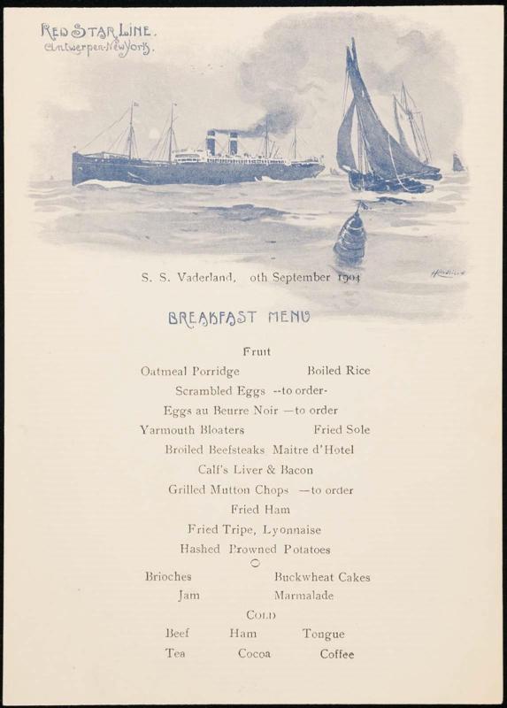 S.S. Vaderland, [2]0th 1904, Breakfast Menu