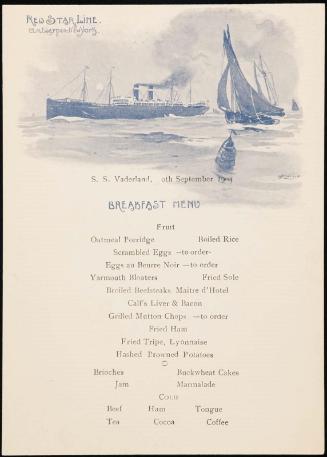 S.S. Vaderland, [2]0th 1904, Breakfast Menu
