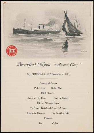 S.S. "Kroonland", September 21, 1921, Breakfast Menu "Second Class"