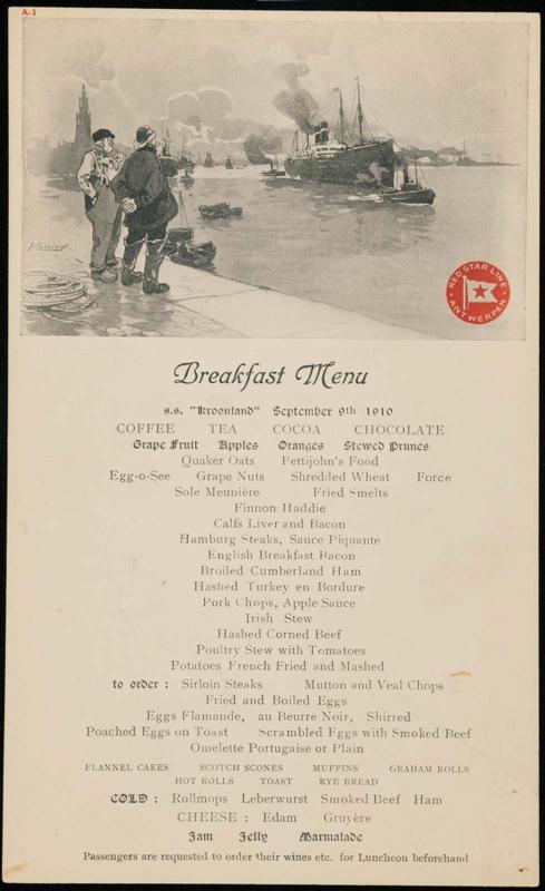 S.S. "Kroonland", September 9th 1910, Breakfast Menu