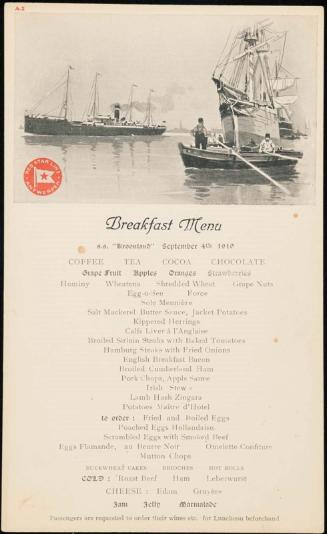 S.S. "Kroonland", September 4th 1910, Breakfast Menu