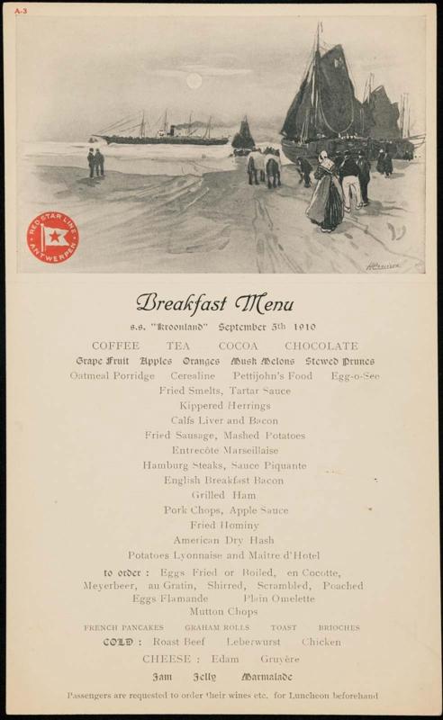 S.S. "Kroonland", September 5th 1910, Breakfast Menu