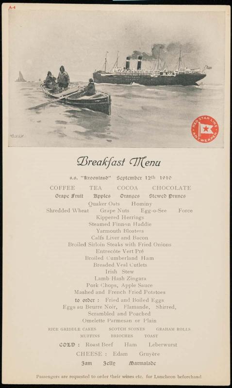 S.S. "Kroonland", September 12th 1910, Breakfast Menu