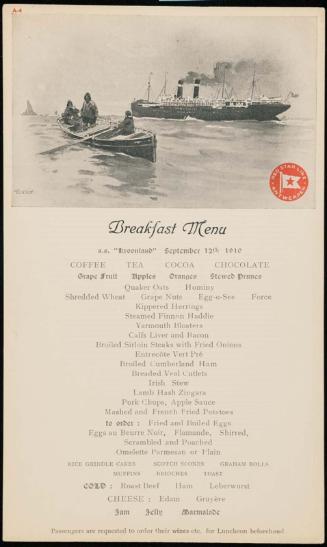 S.S. "Kroonland", September 12th 1910, Breakfast Menu