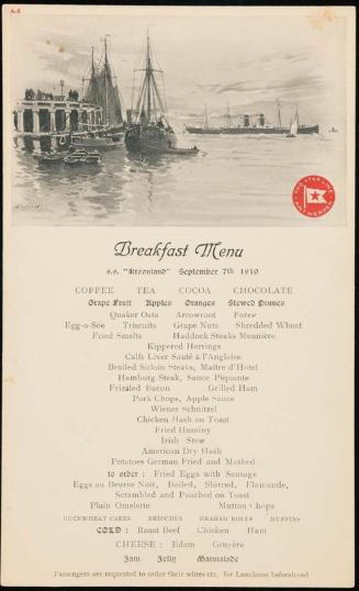 S.S. "Kroonland", September 7th 1910, Breakfast Menu