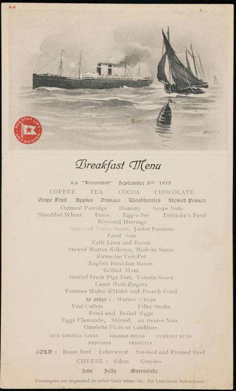 S.S. "Kroonland", September 8th 1910, Breakfast Menu