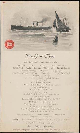 S.S. "Kroonland", September 8th 1910, Breakfast Menu