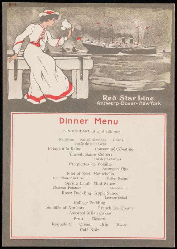 S.S. Zeeland, August 13th 1905, Dinner Menu