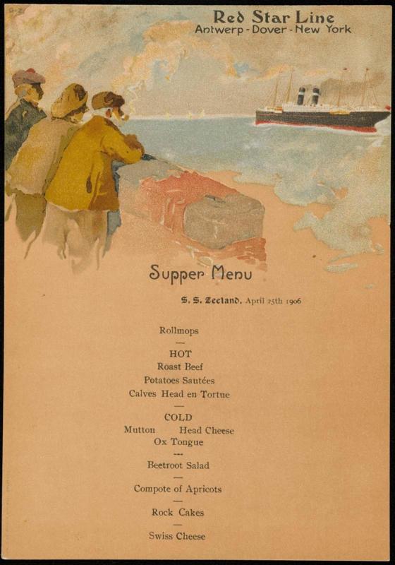 S.S. Zeeland, April 25th, 1906, Supper Menu