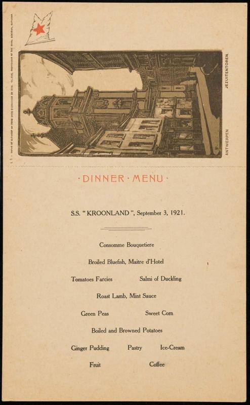 S.S. "Kroonland", September 3, 1921, Dinner Menu