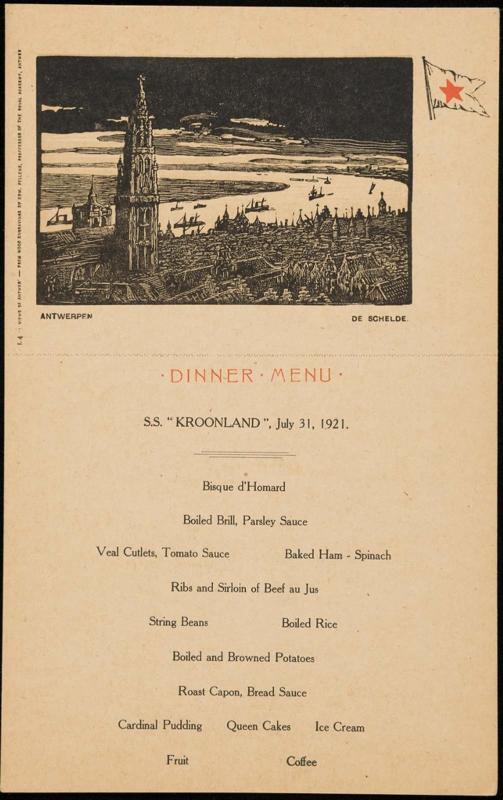 S.S. "Kroonland", July 31, 1921, Dinner Menu