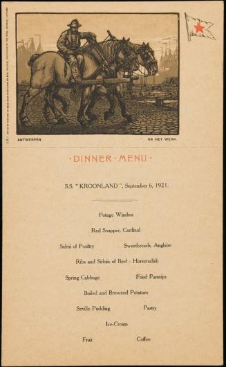S.S. "Kroonland", September 6, 1921, Dinner Menu