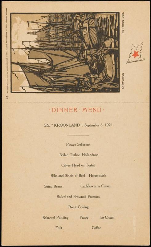 S.S. "Kroonland", September 8, 1921, Dinner Menu