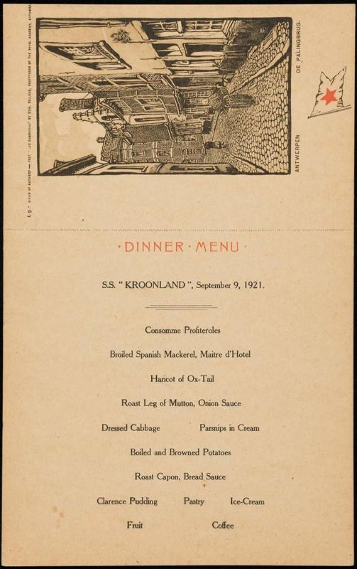 S.S. "Kroonland", September 9, 1921, Dinner Menu
