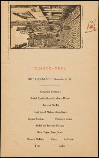 S.S. "Kroonland", September 9, 1921, Dinner Menu