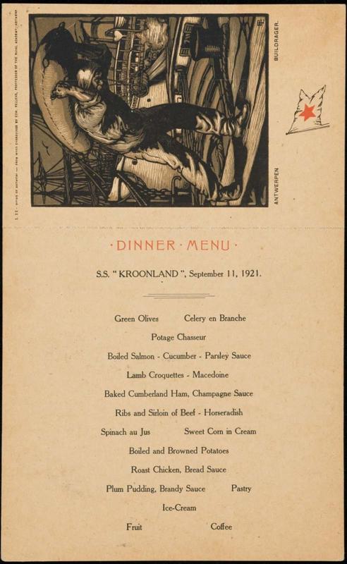 S.S. "Kroonland", September 11, 1921, Dinner Menu
