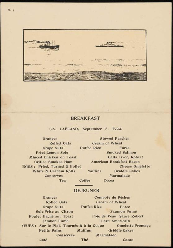 S.S. Lapland, September 8, 1923, Breakfast Menu