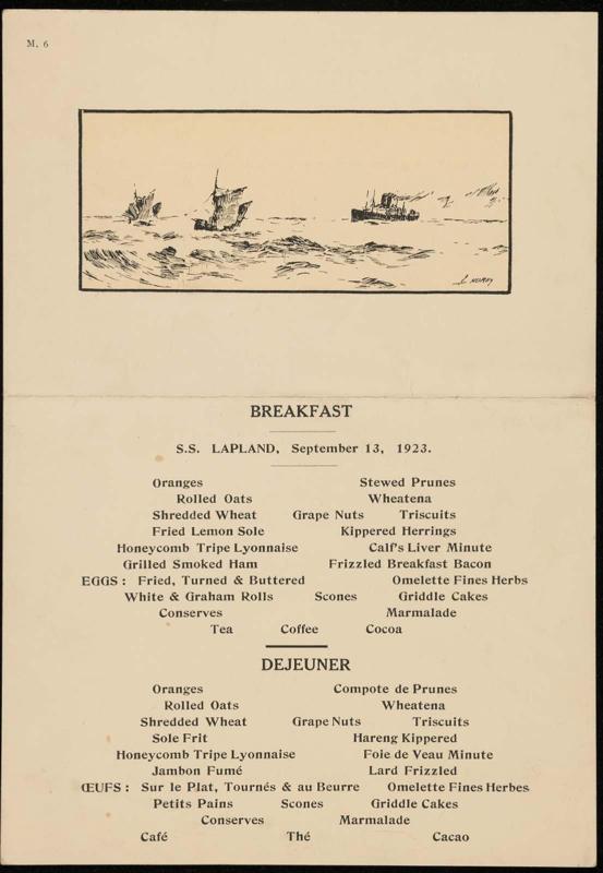 S.S. Lapland, September 13, 1923, Breakfast Menu