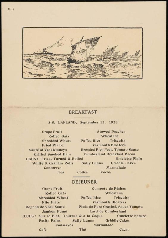 S.S. Lapland, September 12, 1923, Breakfast Menu