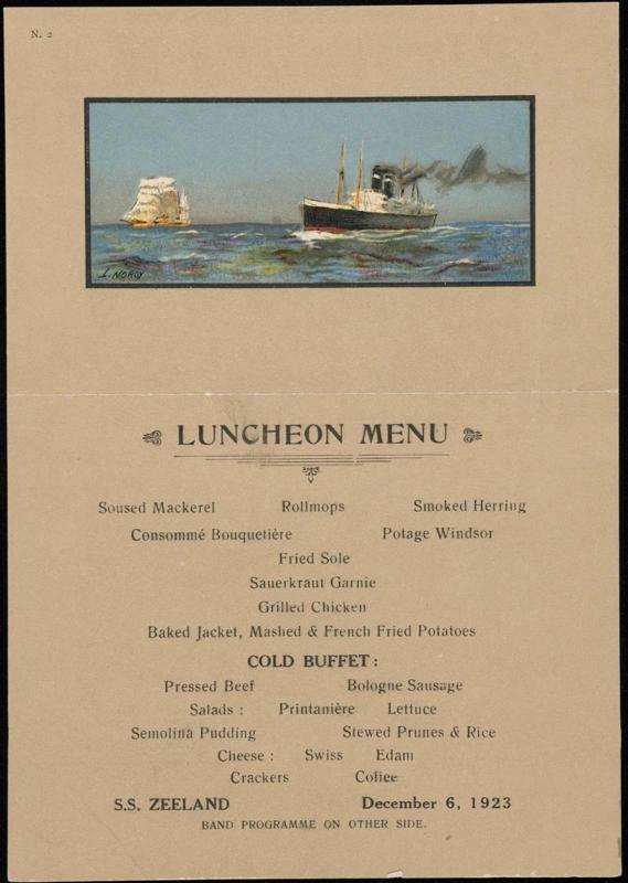 S.S. Zeeland, December 6, 1923, Luncheon Menu