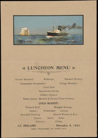 S.S. Zeeland, December 6, 1923, Luncheon Menu