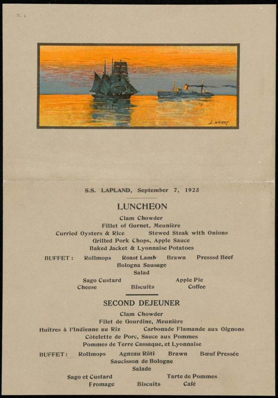 S.S. Lapland, September 7, 1923, Luncheon Menu