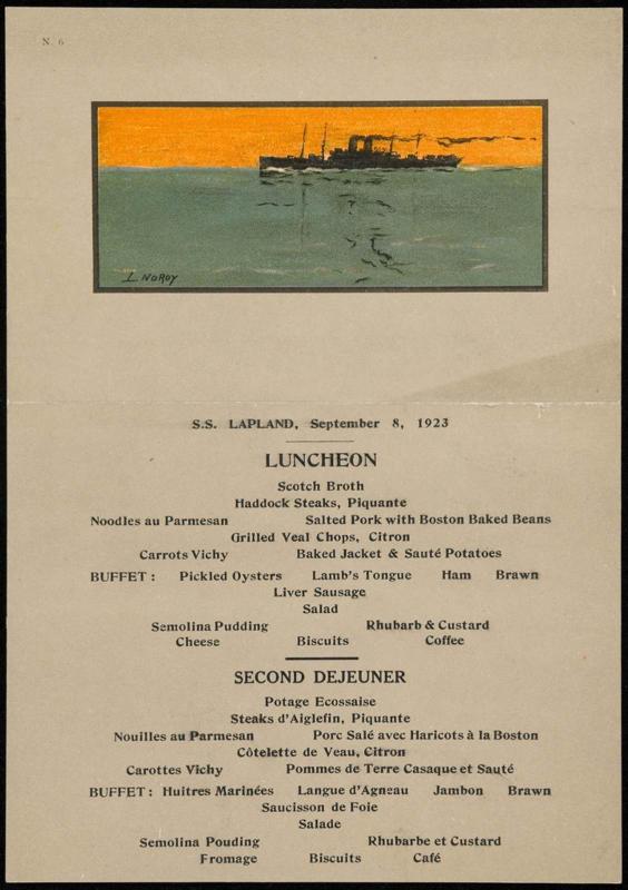 S.S. Lapland, September 8, 1923, Luncheon Menu