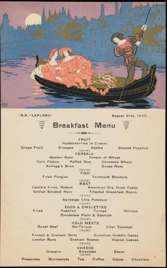 S.S. "Lapland", August 21st, 1928, Breakfast Menu