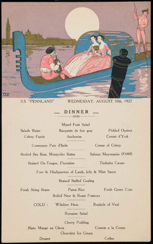 S.S. "Pennland", Wednesday, August 10th, 1927, Dinner Menu