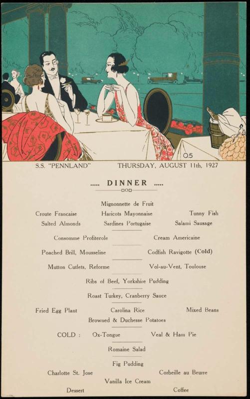 S.S. "Pennland", Thursday, August 11th, 1927, Dinner Menu