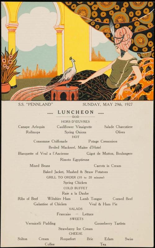 S.S. "Pennland", Sunday, May 29th, 1927, Luncheon Menu