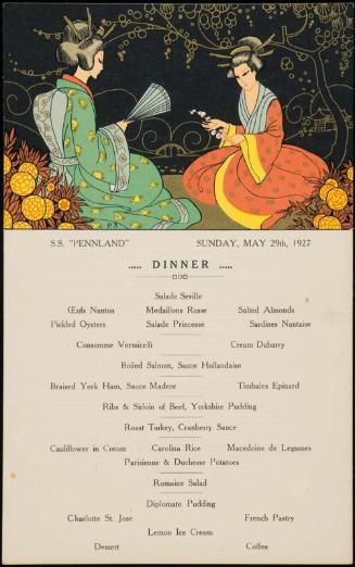 S.S. "Pennland", Sunday, May 29th, 1927, Dinner Menu