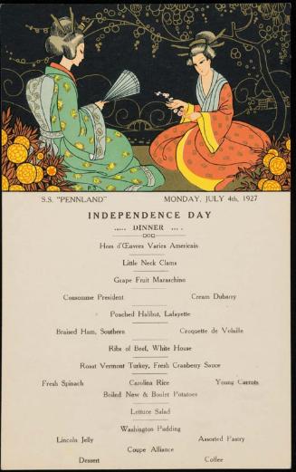 S.S. "Pennland", Monday, July 4th, 1927, Independence Day, Dinner Menu