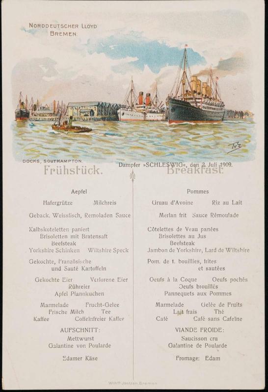 Dampfer »Schleswig«, den Juli 1909, Breakfast Menu