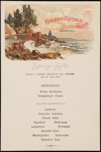 Dampfer „Kaiser Wilhelm der Grosse“, den 20. Juni 1900, Dinner Menu