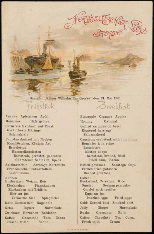 Dampfer „Kaiser Wilhelm der Grosse“, den 21. Mai 1901, Breakfast Menu