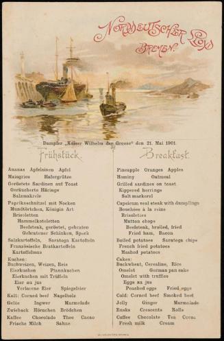 Dampfer „Kaiser Wilhelm der Grosse“, den 21. Mai 1901, Breakfast Menu
