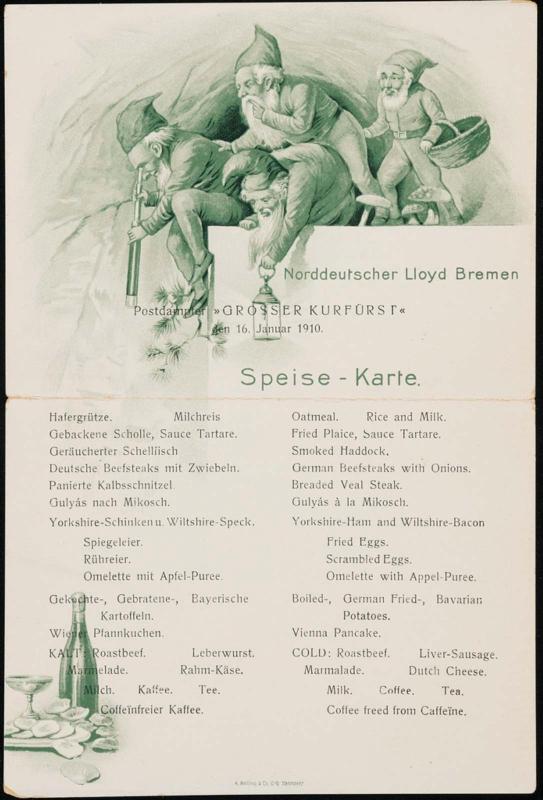 Postdampfer „Grosser Kurfürst“, den 16. Januar 1910, Breakfast Menu