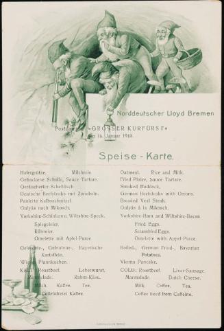 Postdampfer „Grosser Kurfürst“, den 16. Januar 1910, Breakfast Menu