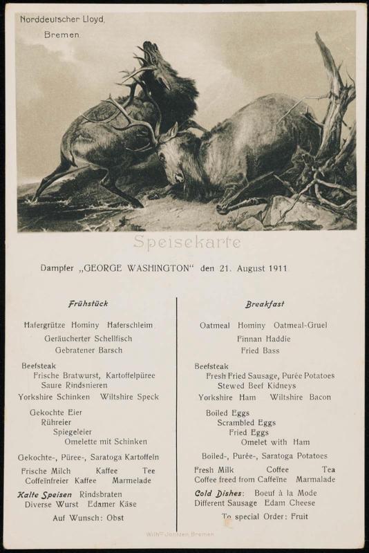 Dampfer „George Washington“, den 21. August 1911, Breakfast Menu