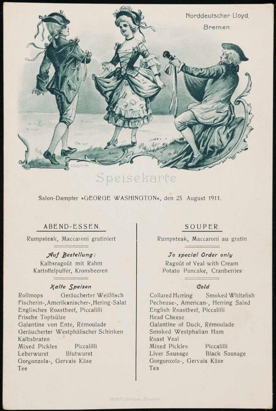 Salon-Dampfer „George Washington“, den 25. August 1911, Dinner Menu