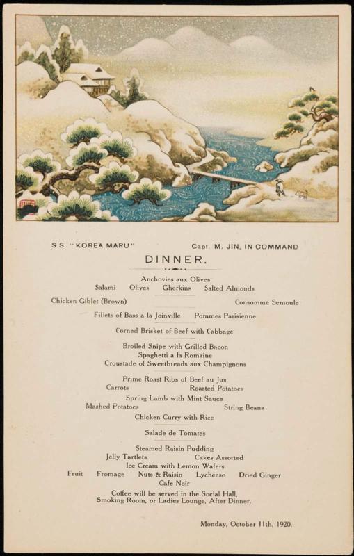 S.S. "Korea Maru", Monday, October 11th, 1920, Dinner Menu