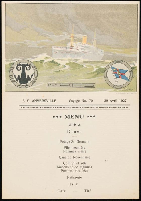 S.S. Anversville, 29 Avril 1927, Dinner Menu