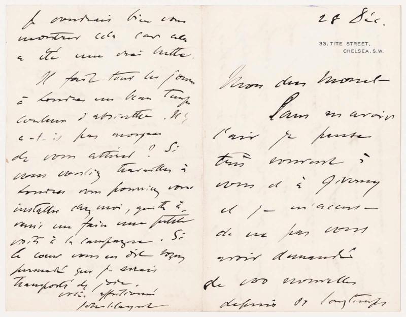 John Singer Sargent to Claude Monet, 28 Déc[embre] [December 1894], from 33 Tite St., London